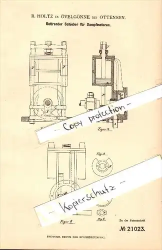 Original Patent - R. Holtz in Övelgönne b. Ottensen , 1882 , Dampfmotoren-Schieber , Hamburg-Othmarschen !!!