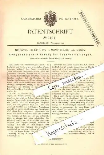 Original Patent - Neukomm, Sillé & Co à Mont Plaisir pres Nancy , 1882 , Joint pour tuyau d'eau !!!