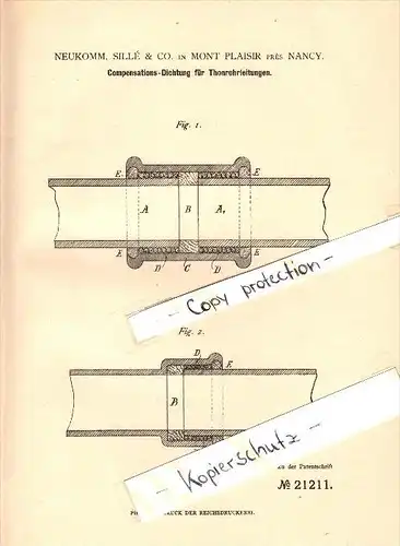 Original Patent - Neukomm, Sillé & Co à Mont Plaisir pres Nancy , 1882 , Joint pour tuyau d'eau !!!