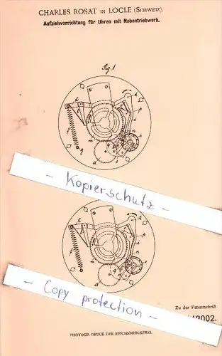Original Patent - Charles Rosat in Locle , Schweiz , 1902 , Aufziehvorrichtung für Uhren !!!
