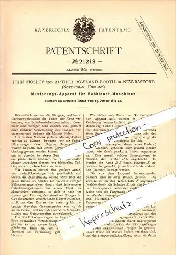 Original Patent - John Mosley and Arthur Booth in New Basford , 1881 , Pattern apparatus for weaving !!!