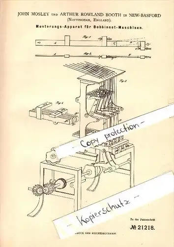 Original Patent - John Mosley and Arthur Booth in New Basford , 1881 , Pattern apparatus for weaving !!!