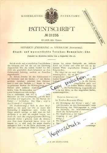 Original Patent - Heinrich Jördening in Apenrade / Aabenraa , 1882 , Staub- und wasserdichte Taschenuhr , Uhrmacher !!!