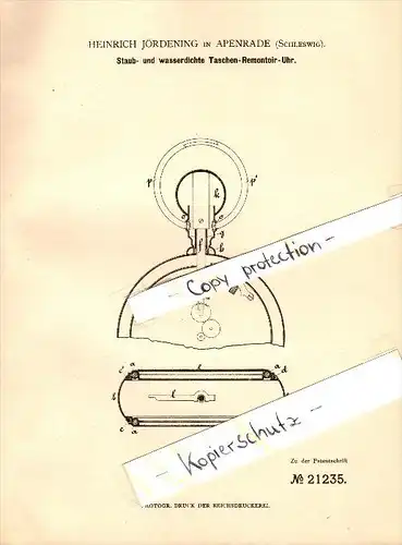 Original Patent - Heinrich Jördening in Apenrade / Aabenraa , 1882 , Staub- und wasserdichte Taschenuhr , Uhrmacher !!!