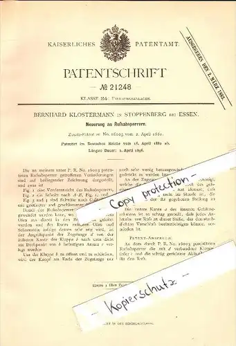 Original Patent - Bernhard Klostermann in Stoppenberg b. Essen , 1882 , Rußabsperrer , Heizungsbau , Heizungen !!!