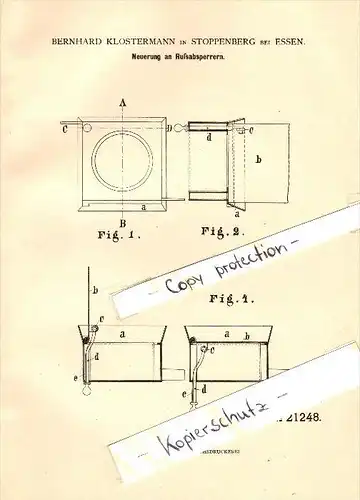 Original Patent - Bernhard Klostermann in Stoppenberg b. Essen , 1882 , Rußabsperrer , Heizungsbau , Heizungen !!!