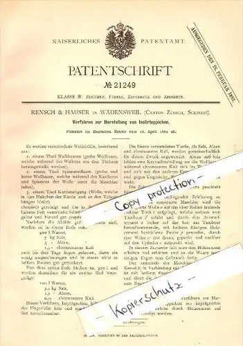 Original Patent - Rensch & Hauser in Wädenswil , 1882 , Herstellung von Isolierteppichen , Wolle , Zürich !!!