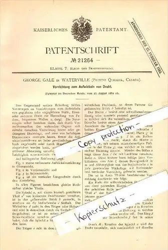 Original Patent - George Gale in Waterville , Provinz Quebec , 1882 , Apparatus for winding wire !!!