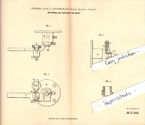 Original Patent - George Gale in Waterville , Provinz Quebec , 1882 , Apparatus for winding wire !!!