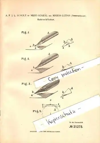 Original Patent - A. Scholz in Mezöszakál bei Marosludas , 1882 , Schreibfeder , Ludus !!!