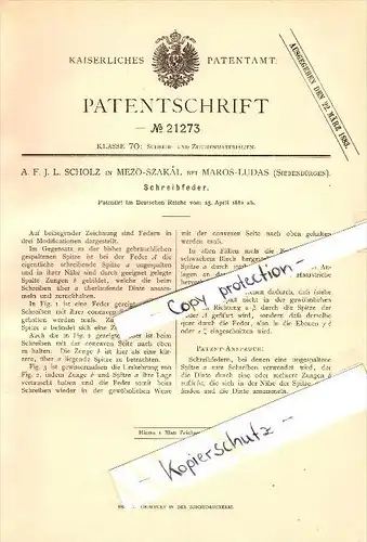 Original Patent - A. Scholz in Mezöszakál bei Marosludas , 1882 , Schreibfeder , Ludus !!!