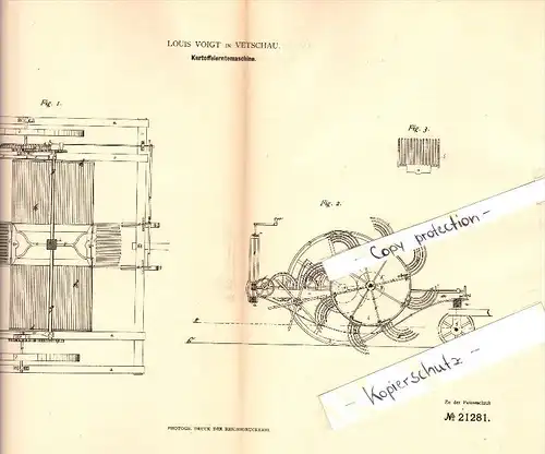 Original Patent - Louis Voigt in Vetschau / Spreewald , 1882 , Kartoffel-Erntemaschine , Landwirtschaft !!