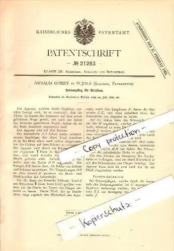 Original Patent - Arnaud Gorry à Pujols , Gironde , 1882 , Chasse-neige pour les routes !!