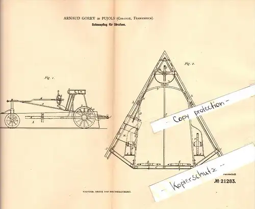 Original Patent - Arnaud Gorry à Pujols , Gironde , 1882 , Chasse-neige pour les routes !!