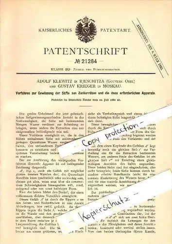 Original Patent - A. Klewitz in Rjeschitza / Resita und G. Krieger in Moskau , 1882 , Saft aus Zuckerrüben , Russland !!