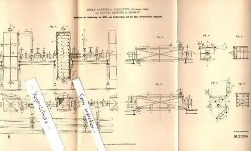 Original Patent - A. Klewitz in Rjeschitza / Resita und G. Krieger in Moskau , 1882 , Saft aus Zuckerrüben , Russland !!