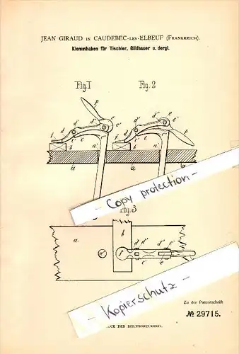 Original Patent - Jean Giraud à Caudebec-les-Elbeuf , 1884 , Serrage crochet pour menuisiers et sculpteurs !!!