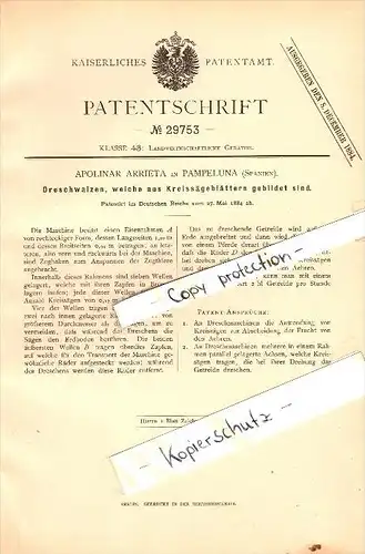 Original Patent - A. Arrieta in Pampeluna / Pamplona , 1884 , Rodillos para la trilla de hojas de sierra !!!