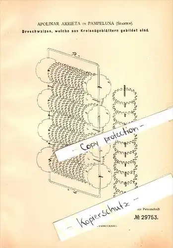 Original Patent - A. Arrieta in Pampeluna / Pamplona , 1884 , Rodillos para la trilla de hojas de sierra !!!