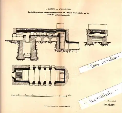 Original Patent - L. Gamer in Waghäusel , 1883 , Verkohlungsofen !!!