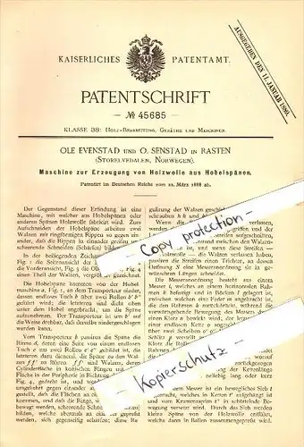 Original Patent - Ole Evenstad und O. Senstad in Rasten , Storelvedalen , 1888 , Maschine für Holzwolle , Norway !!!