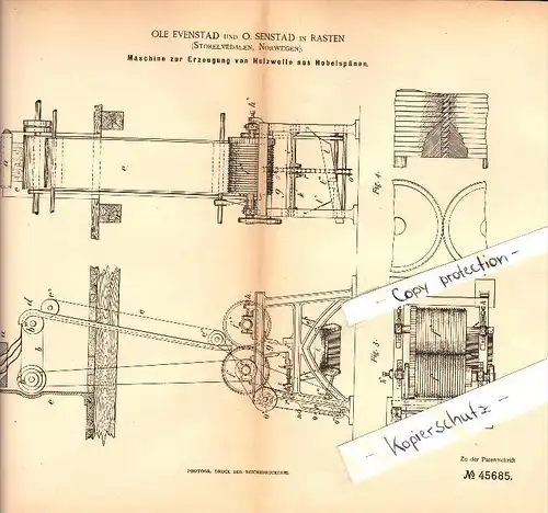 Original Patent - Ole Evenstad und O. Senstad in Rasten , Storelvedalen , 1888 , Maschine für Holzwolle , Norway !!!