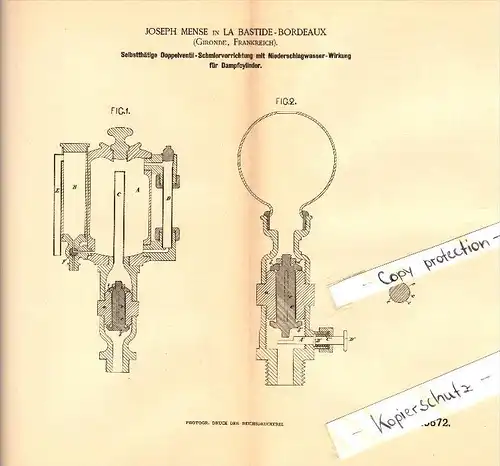 Original Patent - Joseph Mense à Le Bastide-Bordeaux , 1888 , Double soupape pour cylindre à vapeur !!!