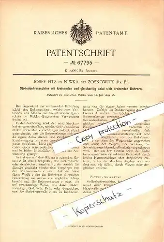 Original Patent - Josef Fitz in Niwka b. Sosnowitz / Sosnowiec , 1892 , Stollenbohrmaschine , Bergbau !!!