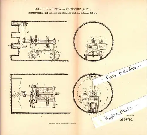 Original Patent - Josef Fitz in Niwka b. Sosnowitz / Sosnowiec , 1892 , Stollenbohrmaschine , Bergbau !!!