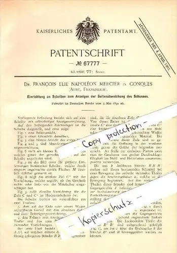 Original Patent - Dr. Francois Mercier à Conques-sur-Orbiel , 1892 , Cible pour le tir , Shooting Club !!!