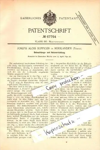 Original Patent - J.A. Suppiger in Hirslanden b. Zürich , 1892 , Beleuchtung und Heizapparat !!!