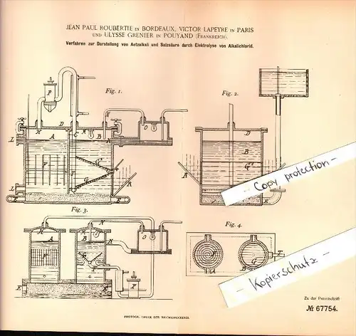 Original Patent - U. Grenier à Pouyand , J.P. Roubertie , Lapeyre à Bordeaux , 1892 , l'acide chlorhydrique !!!