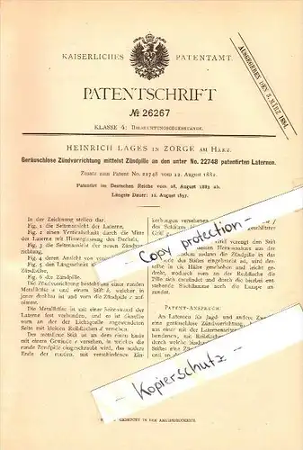 Original Patent - Heinrich Lages in Zorge a. Harz , 1883 , Zündvorrichtung für Laternen , Walkenried !!!