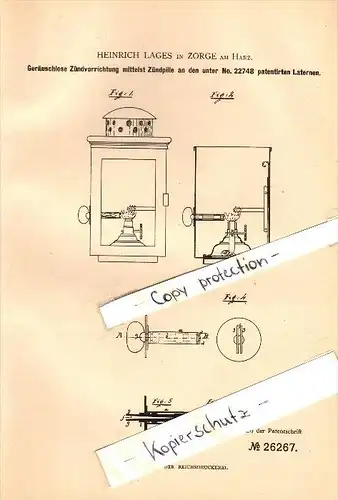 Original Patent - Heinrich Lages in Zorge a. Harz , 1883 , Zündvorrichtung für Laternen , Walkenried !!!