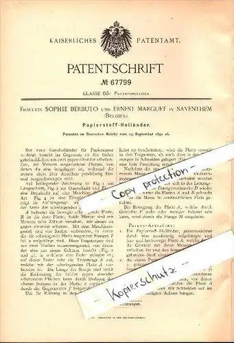 Original Patent - Sophie Berbuto und Ernest Marguet in Zaventem , 1892 , Papier-Fabrikation , Saventhem  !!!