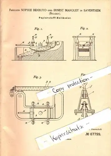 Original Patent - Sophie Berbuto und Ernest Marguet in Zaventem , 1892 , Papier-Fabrikation , Saventhem  !!!