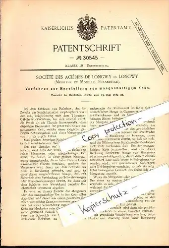 Original Patent - Société des Aciéries de Longwy à Longwy , 1884 , La production de coke !!!