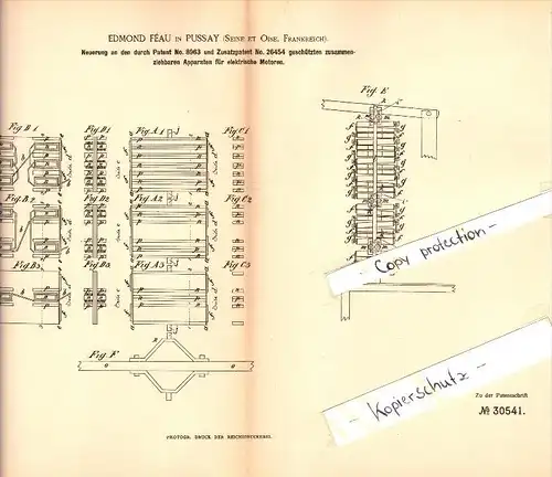 Original Patent - Edmond Féau à  Pussay , Seine et Oise , 1884 , Appareil pour moteurs électriques !!!
