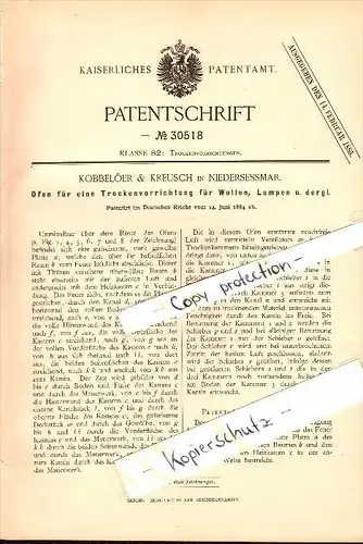Original Patent - Kobbelöer & Kreusch in Niederseßmar b. Gummersbach , 1884 , Trockenofen für Wolle !!!