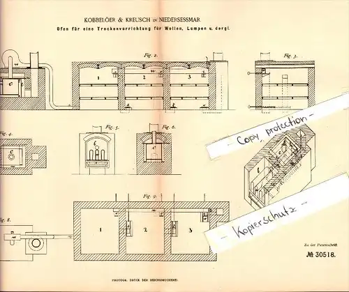 Original Patent - Kobbelöer & Kreusch in Niederseßmar b. Gummersbach , 1884 , Trockenofen für Wolle !!!