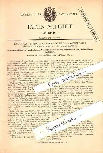 Original Patent - J. Mayer in Lampertsmühle b. Otterbach , 1884 , Schutz für Webstühle , Weberei , Kaiserslautern !!!