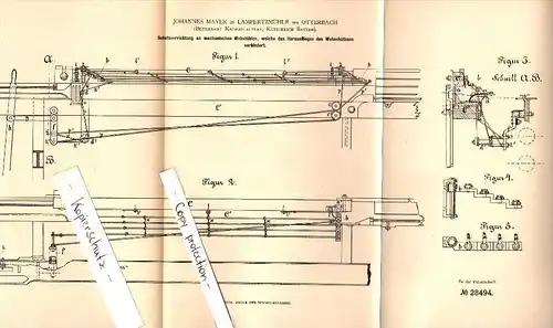 Original Patent - J. Mayer in Lampertsmühle b. Otterbach , 1884 , Schutz für Webstühle , Weberei , Kaiserslautern !!!