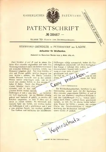 Original Patent - Bernhard Gründler in Petersdorf b. Lagow , 1884 , Anfeuchter für Briefmarken !!!