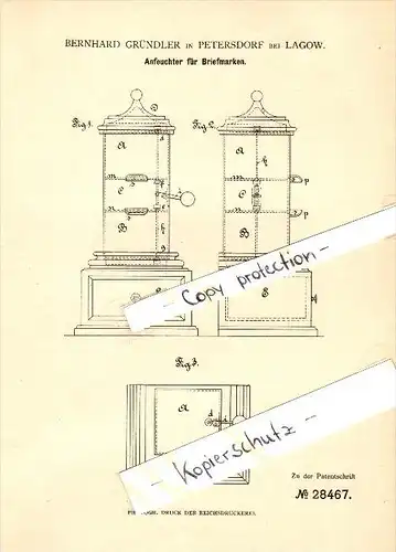 Original Patent - Bernhard Gründler in Petersdorf b. Lagow , 1884 , Anfeuchter für Briefmarken !!!