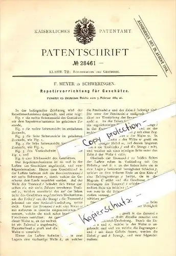Original Patent - F. Meyer in Schweringen b. Hoya , 1884 , Geschütz , Kanone  !!!