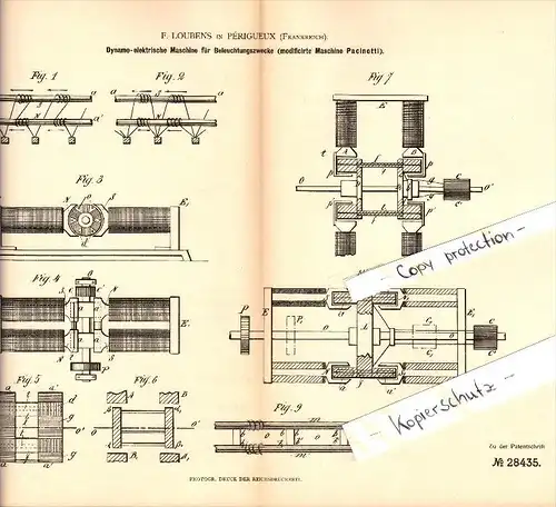 Original Patent - F. Loubens à Périgueux , 1883 , Machine électrique pour l'éclairage !!!