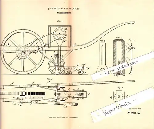 Original Patent - J. Klaehr in Berneuchen / Barnówko i. Neumark , 1884 , Wald-Säemaschine , Debno / Neudamm !!!