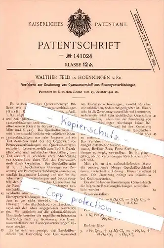 Original Patent - W. Feld in Hoenningen a. Rh. , 1901 , Gewinnung von Cyanwasserstoff  !!!