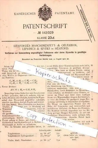 Original Patent -  Maschinenfett- & Oelfabrik in Herford , Leprince & Siveke  , 1902 !!!