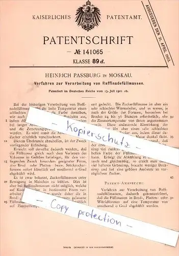 Original Patent - Heinrich Passburg in Moskau , 1901 , Verarbeitung von Raffinadefüllmassen , Rußland !!!